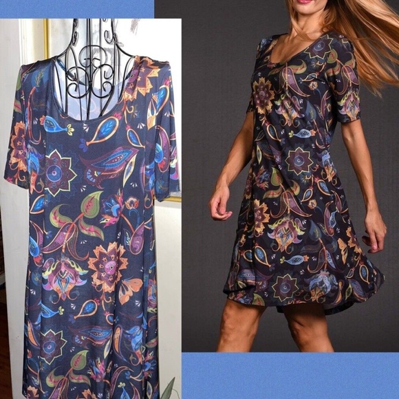 LBISSE "BLACK FLORAL SHIFT DRESS" SILKY STRETCH KNIT~MEDIUM - Picture 1 of 3